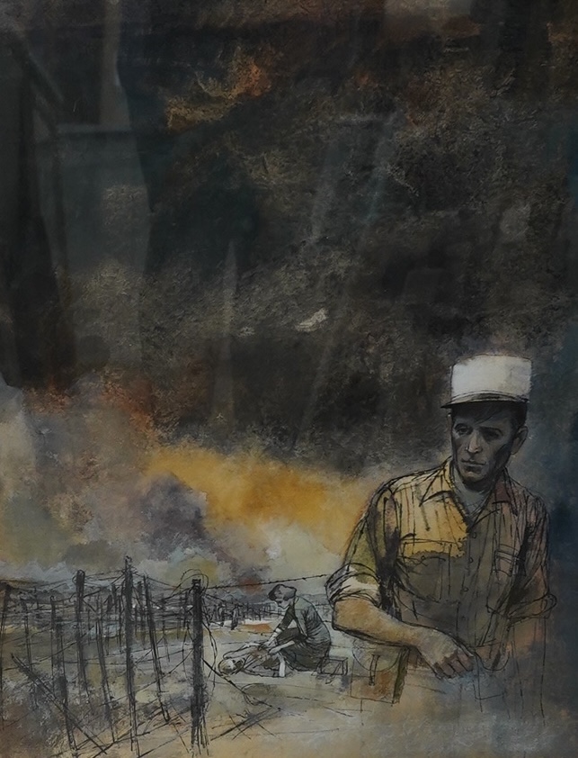 20th century, watercolour, War scene with soldier, 48 x 38cm. Condition - good